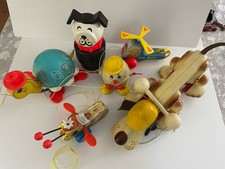 Vintage Fisher-Price Pull Toy Lot- Digger- Turtle- Helicopter And More