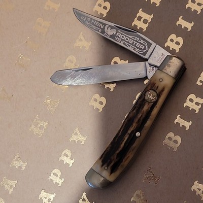 Hen & Rooster 1990 Vintage Stag Handle Pocketknife 2 Stainless Blades Clip Point