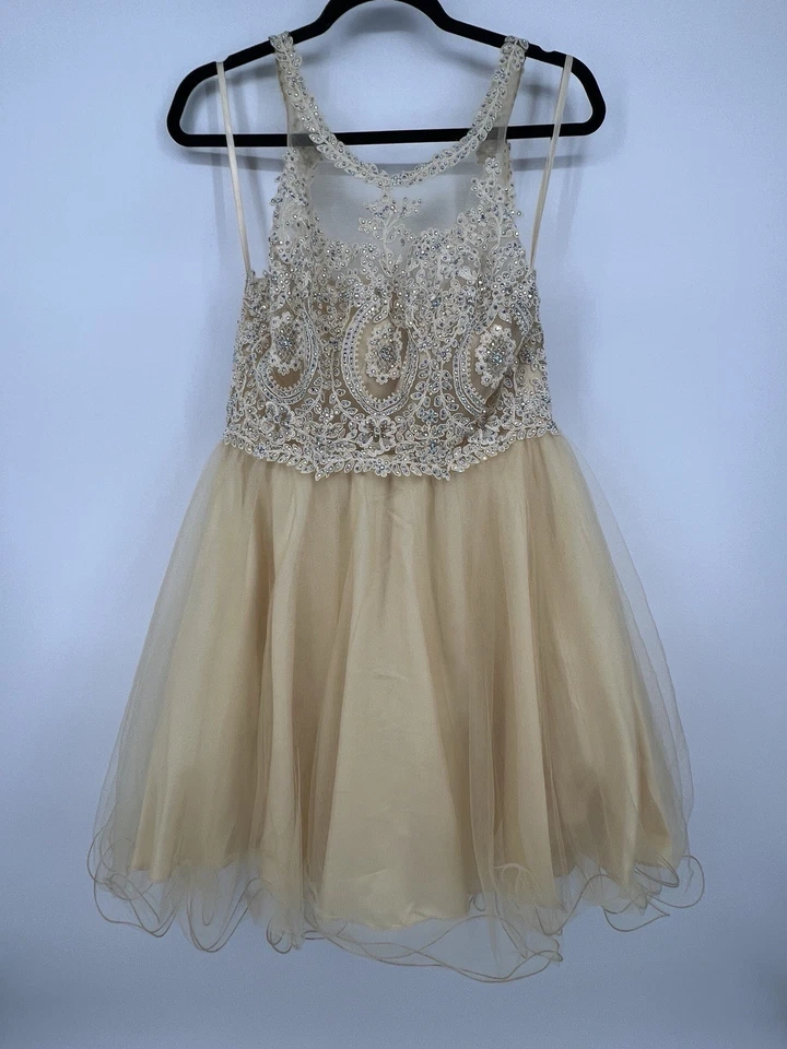 Fiesta Fashion Beaded Tulle Dress L Nude Sparkly Party Prom Homecoming Holiday - Image 2 of 4