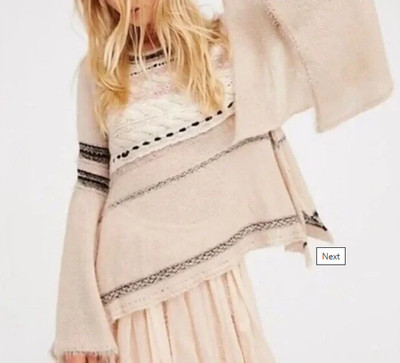 FREE PEOPLE Sweater M Craft Time Bell Sleeve Striped Frayed Pullover Top Ivory