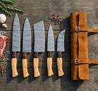 Hand Forged Damascus Steel Chef Set, Handmade Kitchen knife 5 PCS Set Leather