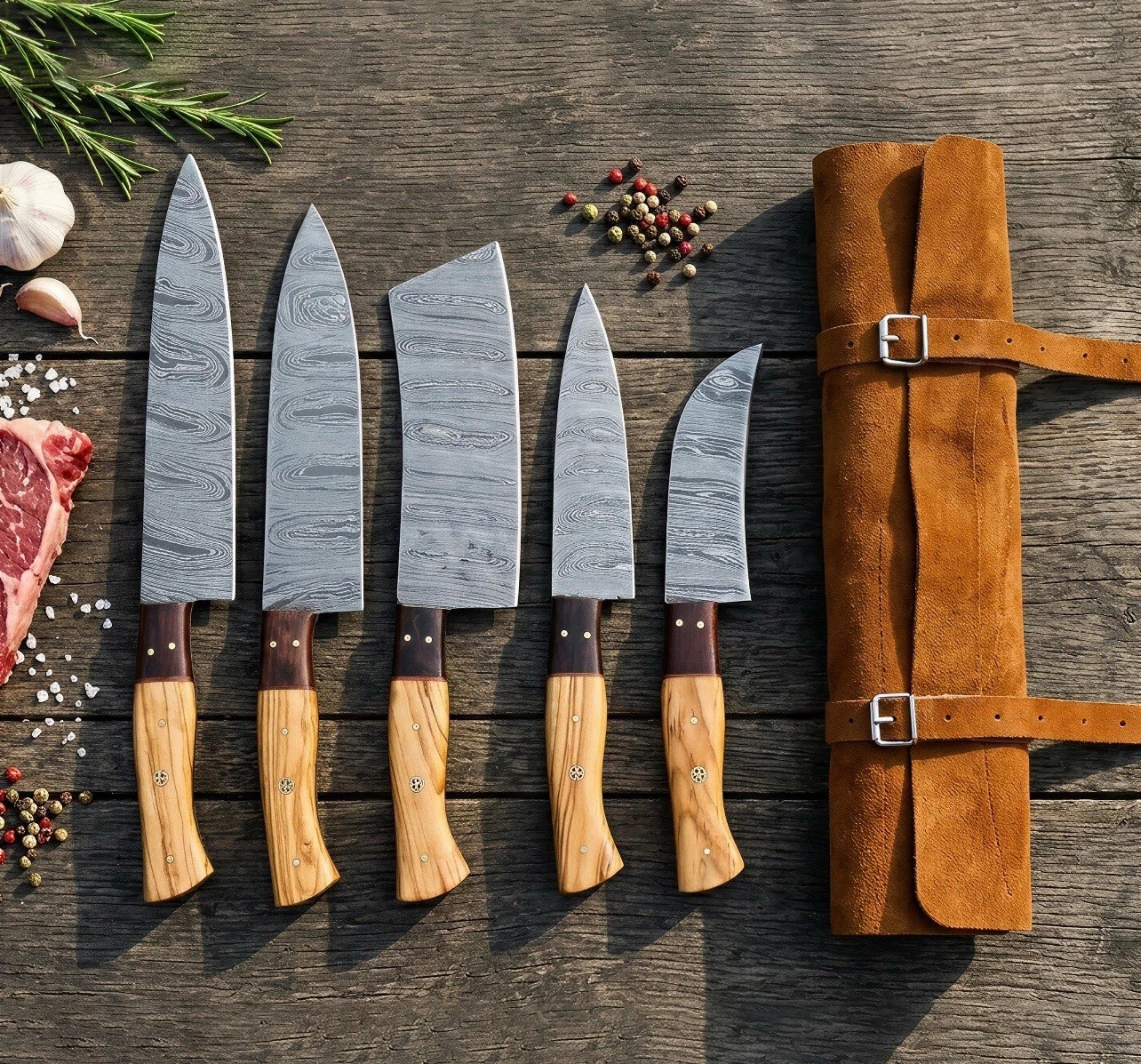 Hand Forged Damascus Steel Chef Set, Handmade Kitchen knife 5 PCS Set Leather