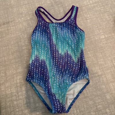 Speedo Kids Racer Back One Piece Swimsuit Size 7 Blue Purple