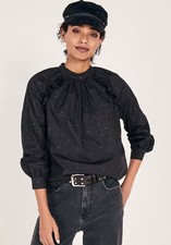 Hush Blouse Size UK 10 Embroidered Stars High Neck Black Relaxed Lightweight Top