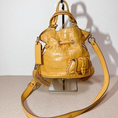 LANCEL Premier Flirt Croc Embossed Leather Drawstring 2Way Handbag Shoulder Bag