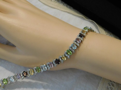 Multi Gemstone Sterling Silver Tennis Bracelet FAS 925 - Picture 3 of 12