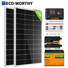 ECO-WORTHY 100W 200W 400W Watt 12Volt Solar Panel Kit 50/100Ah Battery Off Grid