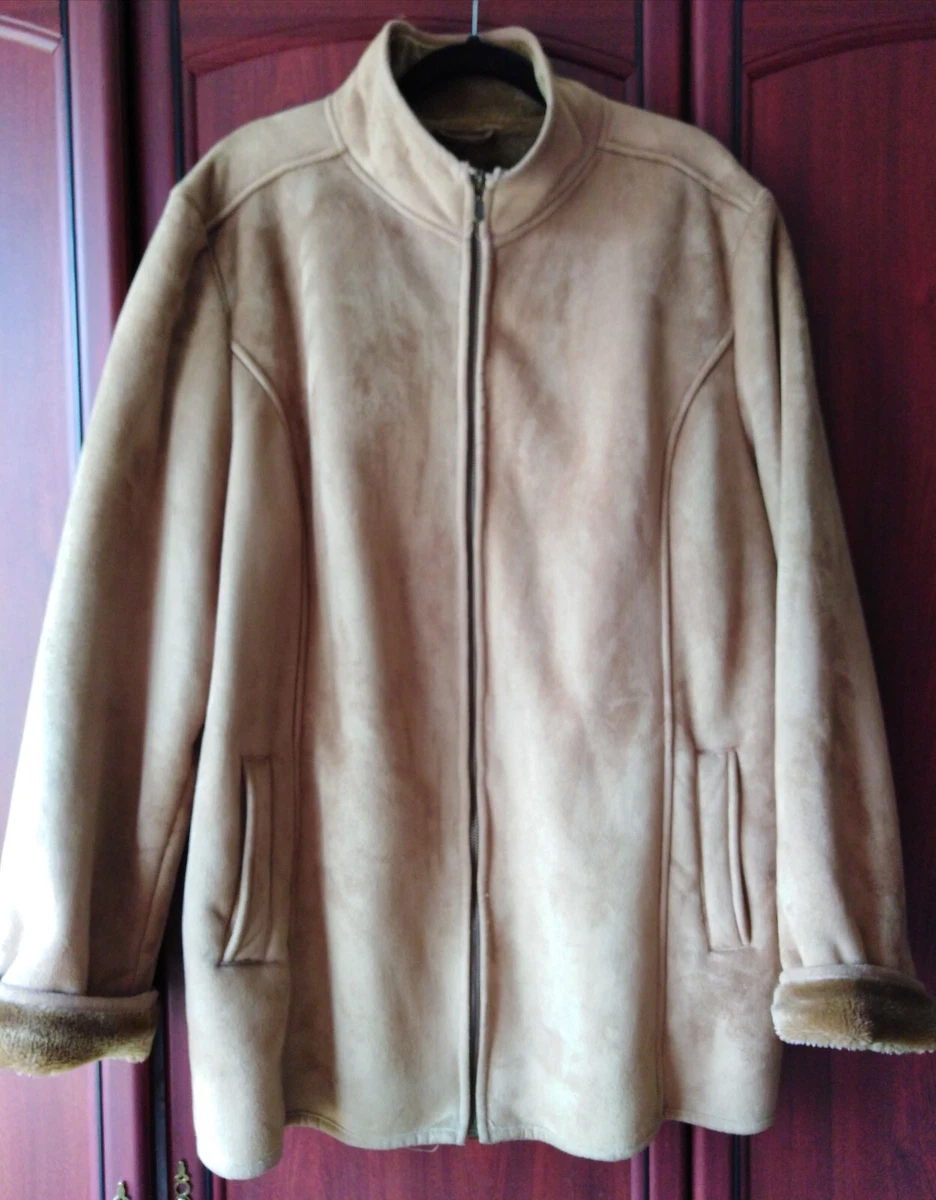 Ladies Bon Marche Brown Faux Suede Sheepskin Biker Aviator Jacket Coat Size L