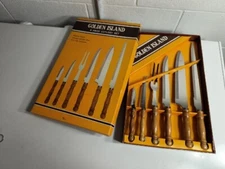 NOS Vintage Golden Island 6 Piece Cutlery Set Stainless Steel Wood Handle Taiwan