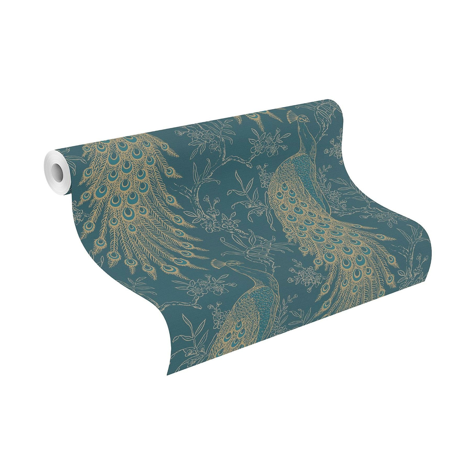Peacock Wallpaper Teal Gold Metallic Feather Floral Textured Vinyl