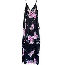 Lulus Sensational Blossoms Black Floral Print Satin Lace Maxi Dress Size Large