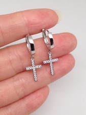 CZ Dangle Cross Huggie Hoop Earrings Sterling Silver 925 Men Women 29mm/1.14"