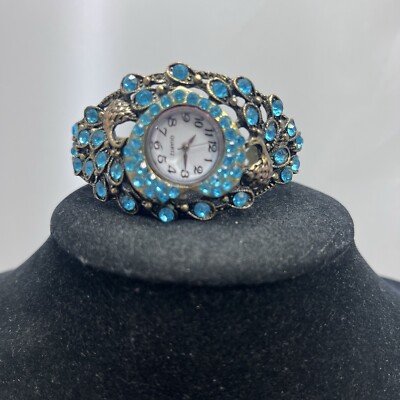 Vintage Aqua Blue Peacock RHINESTONE Women's Cuff Hinged Band Watch