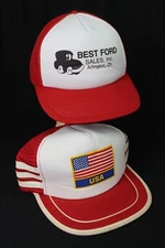 vintage trucker hats X2 "Best Ford Sales Inc." American Flag snapback red cap