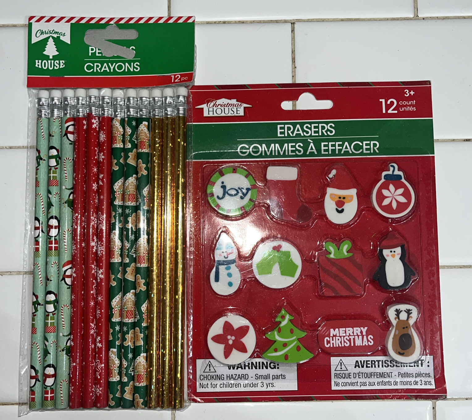 Holiday Pencils(12) and Erasers(12), Classroom Favors Stocking Stuffers-image