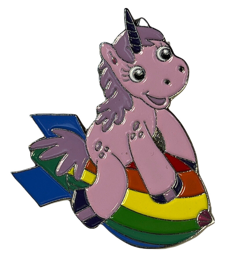 Cappello rosa unicorno pony equitazione bomba arcobaleno spilla giro schiena orgoglio umorismo adulto