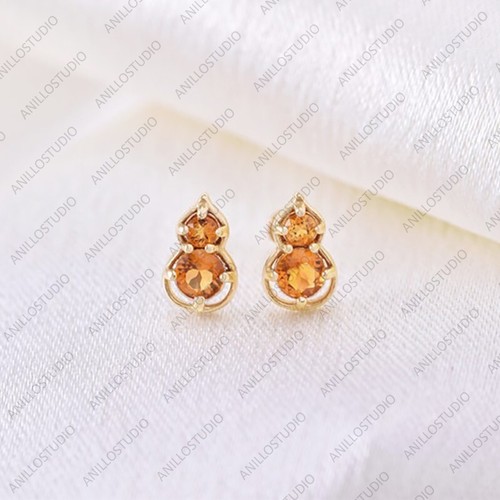 Citrine Gemstone Calabash Shape Wife Stud Earrings Jewelry 14K Solid Yellow Gold - Picture 3 of 8