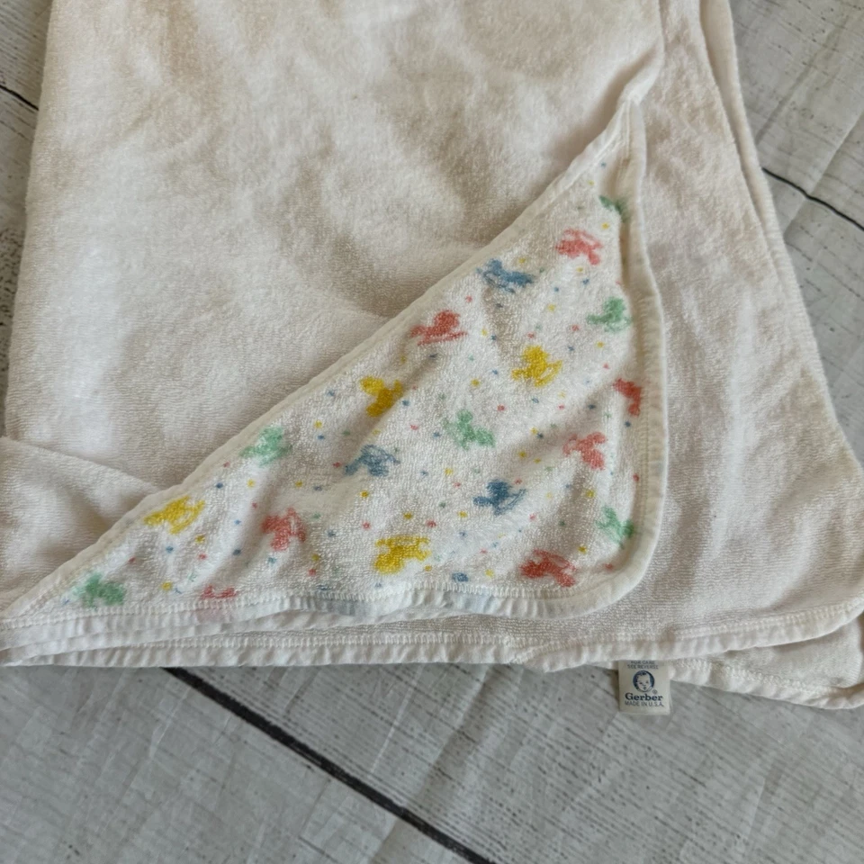 Toalla de baño vintage Gerber Terry tela bebé blanco mecedor caballo capucha impresa Foto 2 de 4