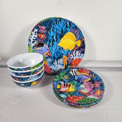 12 Piece Sakura Evolution Tropical Fish Ocean Coral Reef Melamine Dish Set