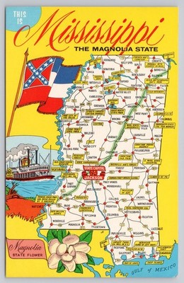 Vintage Mississippi Pictorial Map Postcard - Magnolia State Deep South Card