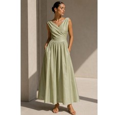 VINTAGE 80s Watters and Watters Maxi Dress Women 8 Sage Taffeta Formal Gown