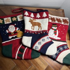 Set Of 3 Christmas Knit Stockings snowman deer Santa Claus 11  x15  