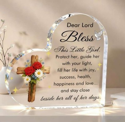Bless This Baby Girl 4'' Acrylic Heart Plaque Baptism Gift Newborn Catholic Cross