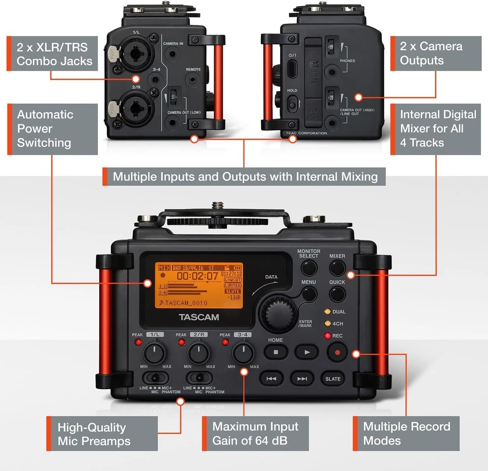 4-Channel Portable Audio Recorder for Videographers, 2 Combo XLR/TRS", Dual 3.5m - Image 3 of 4