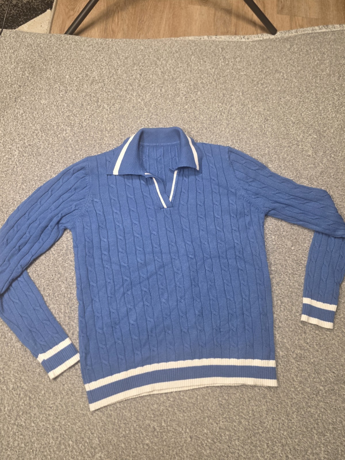 Cable-Knit Collared Pullover Sweater Blue White S… - image 1