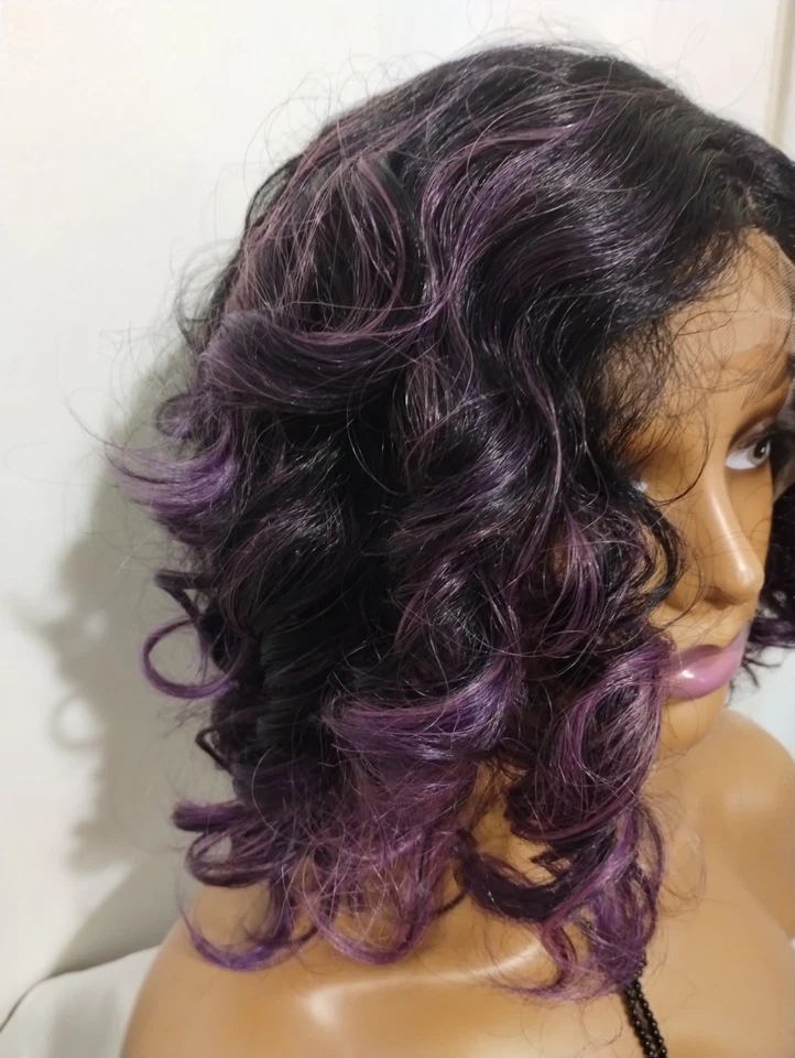 Peruca frontal de renda preta e roxa encaracolada estilo Bob. sintética - Imagem 3 de 4