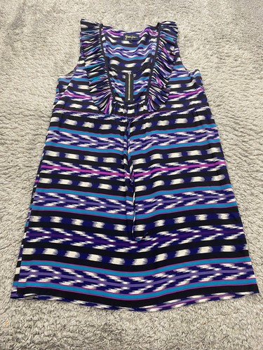 Yumi Kim Dress Women Medium Purple Silk Aztec Southwest Ruffle Sheath Cocktail