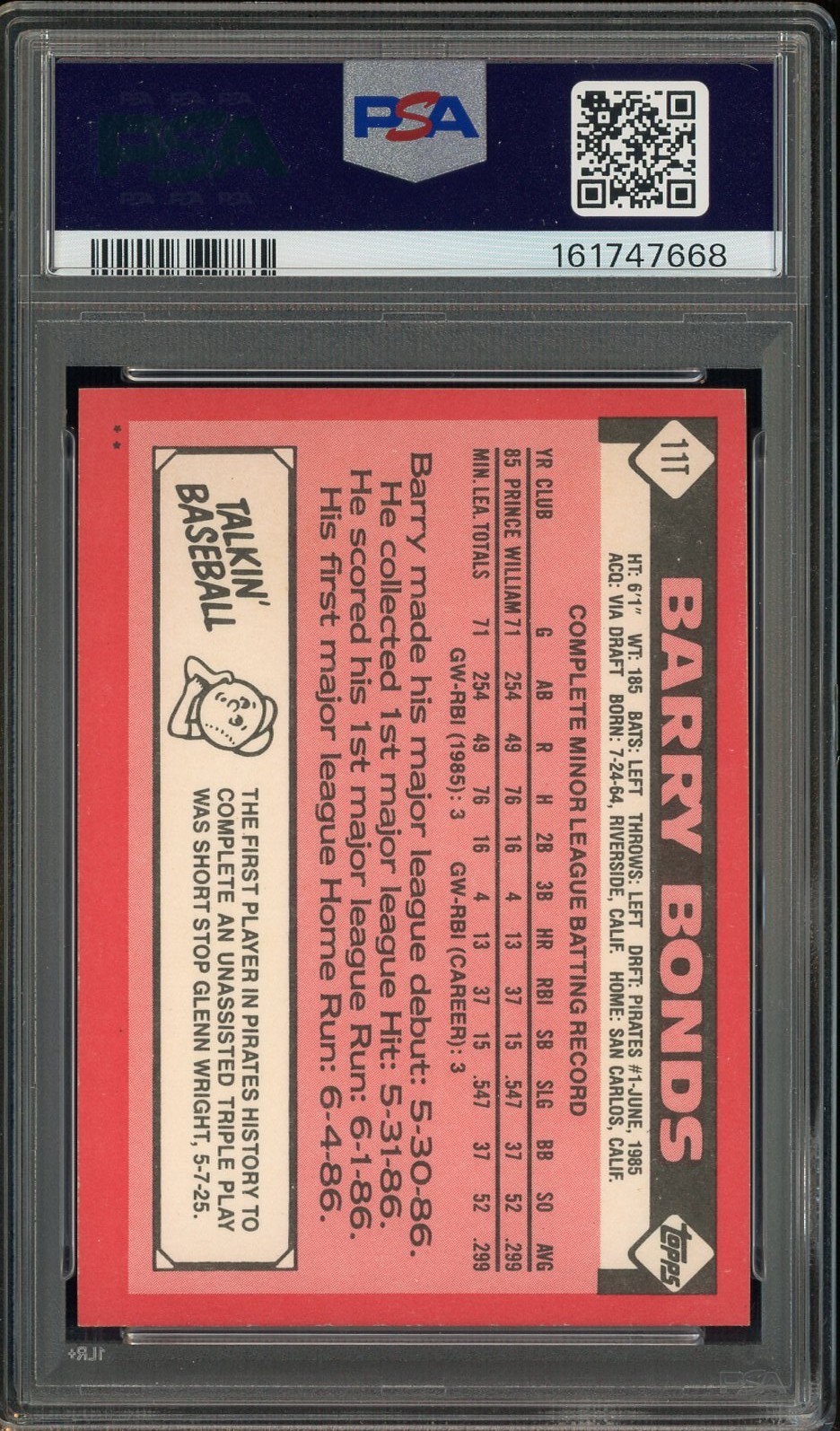 1986 Topps Traded Barry Bonds RC Rookie #11T Pirates PSA 8 Nicer view 2
