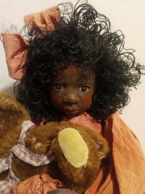 Janet M Losey Original Hand Crafted African American Doll with Teddy Bear