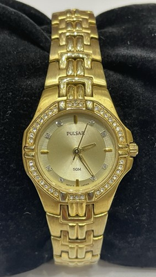 #ad Women#x27;s PULSAR Gold Tone Swarovski Crystal Bezel Bracelet Watch 27mm VX51 X416 $16.19