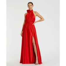 MAC DUGGAL Women's Halter Neck Satin Gown Size 10 Red High Slit Open Back NWT