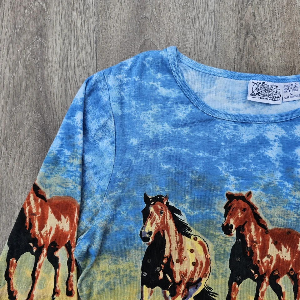 Top manga larga vintage años 90 Y2K caballos bling gráfico para mujer talla L 100 % algodón Foto 2 de 4