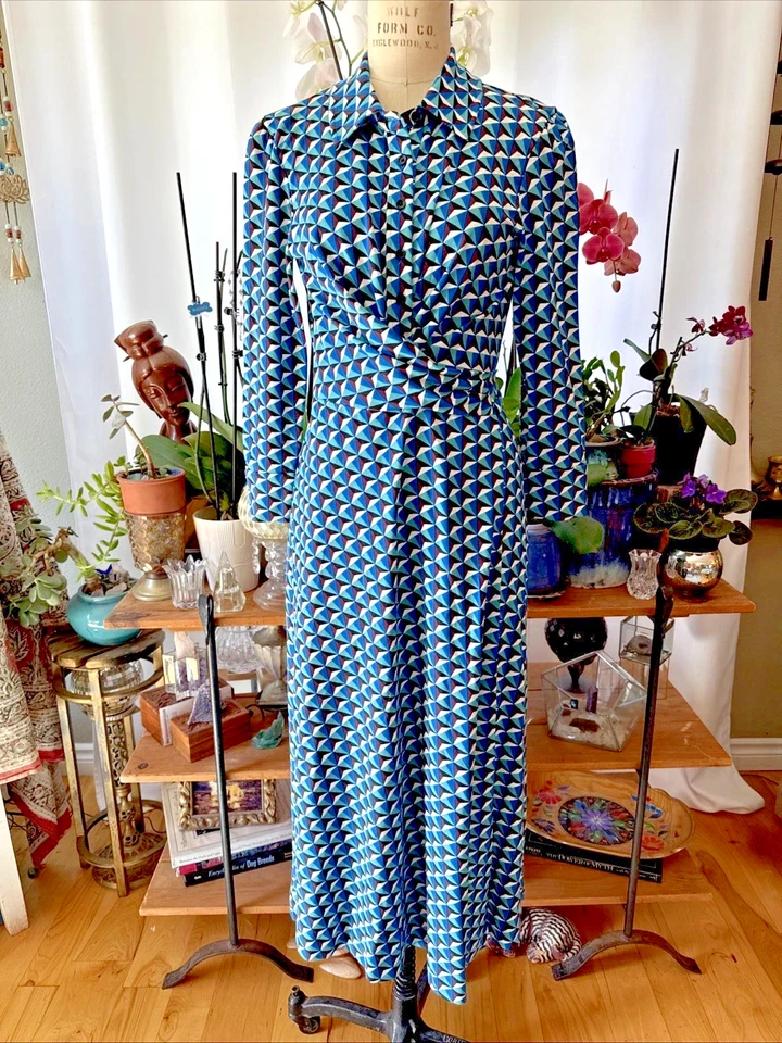 ¡NUEVO! VESTIDO CAMISERO DIANE VON FURSTENBERG Clásico DVF VESTIDO ENVOLVENTE Geo Mod abotonado S Foto 3 de 4