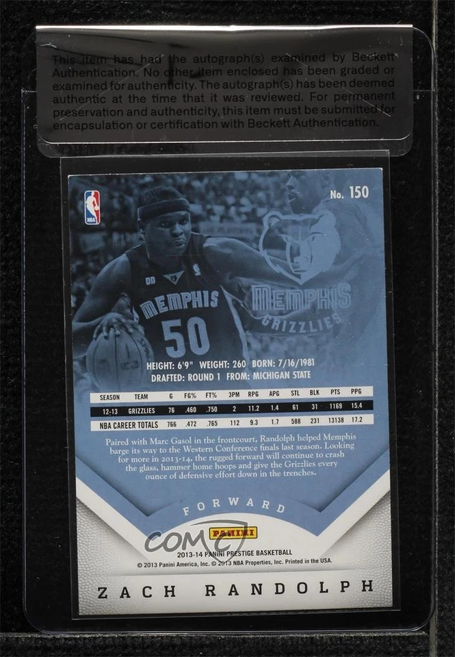 BAS 2013-14 Panini Prestige Zach Randolph #150 Seal of Authenticity Auto - Image 2 of 2