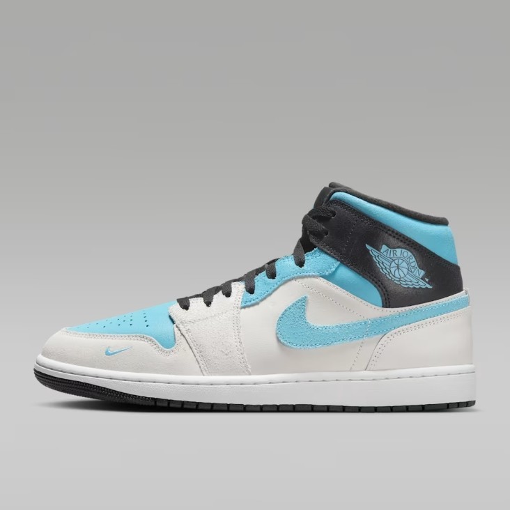 New Nike Jordan 1 Mid SE Shoes - White/ Blue Chill/ Black (IM6567
