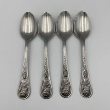 4 Cambridge Pine Cone Soup Spoons ‘2-cone Design’ Very Good Used Condition 8.5”