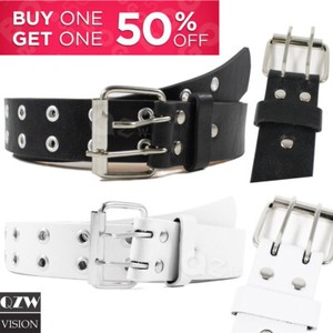 Men-Women-Leather-Dress-Jeans-Double-Grommet-Hole-Belt-Causal-Black-White-M-XL