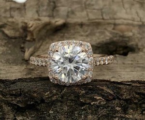 Authentic Halo Four Claw 2.00 Carat Round Moissanite Engagement Ring 14K Rose Gold Plated