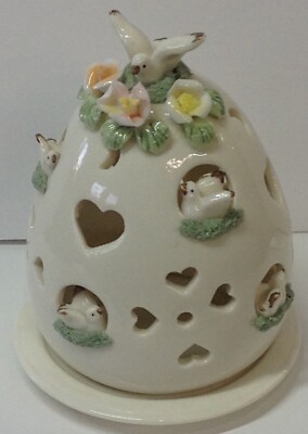 Porcelain Nesting Doves Domed Pierced Open Cut Tea Light Holder Egg Shaped