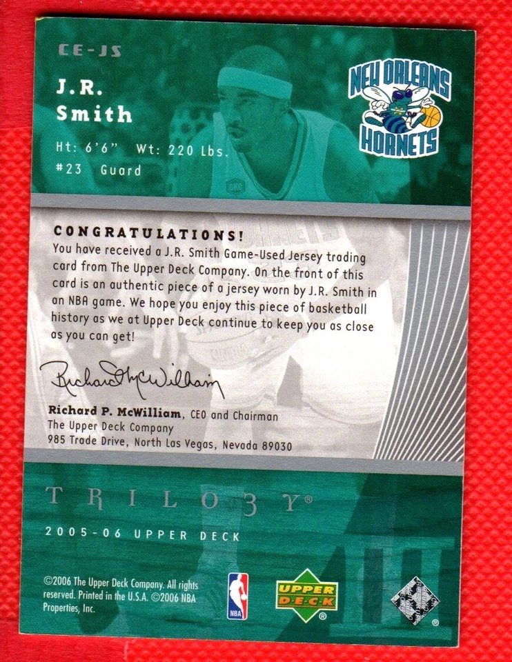 J.R. SMITH GAME USED HORNETS JERSEY 2005-06🏀 Upper Deck TRILOGY CUTTING EDGE - Image 2 of 2