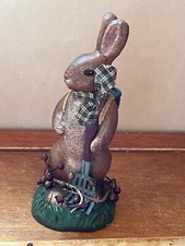 Made in USA Resin Brown Easter Bunny Rabbit Holding Garden Tool w Berry Branch &