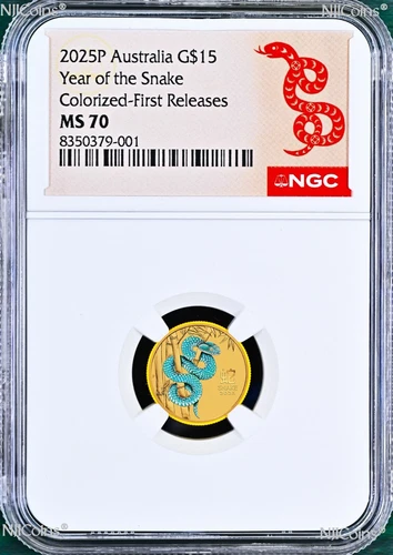 2025 Australia Colored GOLD $15 Lunar Year of the Snake NGC MS70 1/10oz Coin FR