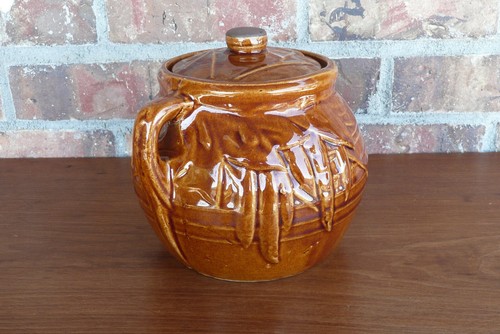 McCoy Pottery Brown 2 qt Bean Pot - Cookie Jar Pea Pod Pattern Country Farmhouse - Picture 3 of 12