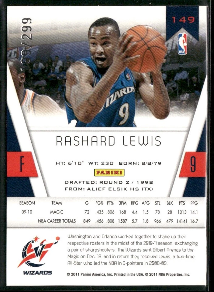 Rashard Lewis 2010-11 Panini Totally Certified Totally Blue #149 #/299 - Image 2 of 2