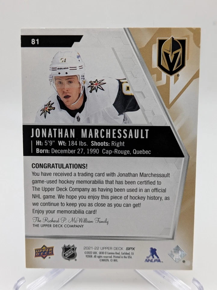 💥2021-22 Upper Deck SPX Hockey Jersey #81 Jonathan Marchessault; Golden Knights - Image 2 of 2