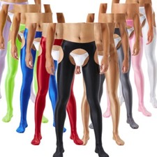 Men Hollow Out Crotchless Tights Glossy Elastic Waistband Skinny Pantyhose Pants
